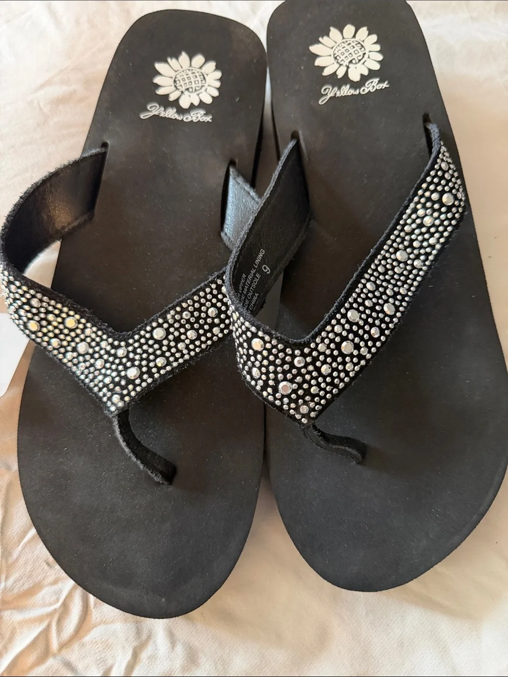 Yellow Box Black Rhinestone Thong Sandals - Picture 1 of 1